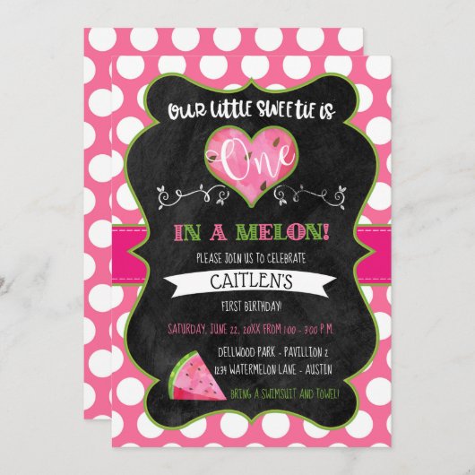 1つメロン最初の誕生日スイカのピンク 招待状 (正面/裏面)