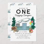 1つモダンのハッピーキャンパーツリーキャンピング1st誕生日 招待状 (正面/裏面)