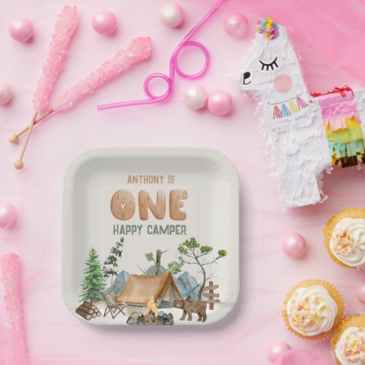 1つモダンのハッピーキャンパー水の色1番目の誕生日 ペーパープレート (パーティー)