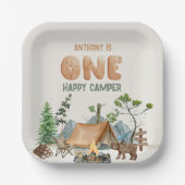 1つモダンのハッピーキャンパー水の色1番目の誕生日 ペーパープレート (正面)