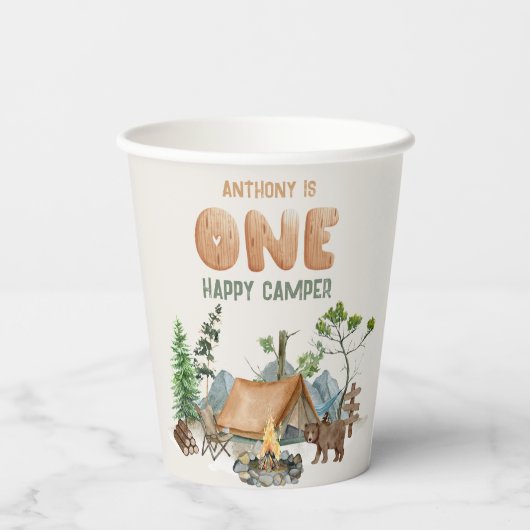 1つモダンのハッピーキャンパー水の色1番目の誕生日 紙コップ (裏面)