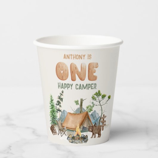 1つモダンのハッピーキャンパー水の色1番目の誕生日 紙コップ (正面)