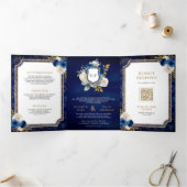 1つ王室のの頂点に青い金ゴールドフローラを結婚揃え 三つ折り招待状 (内部)