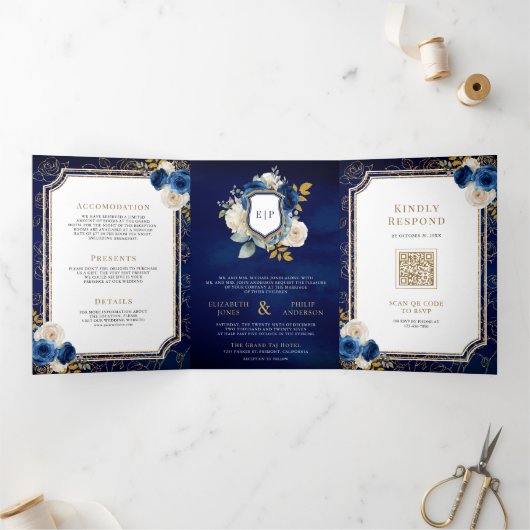 1つ王室のの頂点に青い金ゴールドフローラを結婚揃え 三つ折り招待状 (内部)