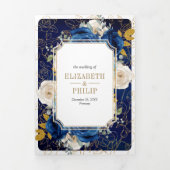 1つ王室のの頂点に青い金ゴールドフローラを結婚揃え 三つ折り招待状 (カバー)
