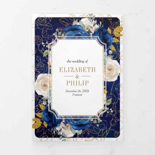 1つ王室のの頂点に青い金ゴールドフローラを結婚揃え 三つ折り招待状 (カバー)