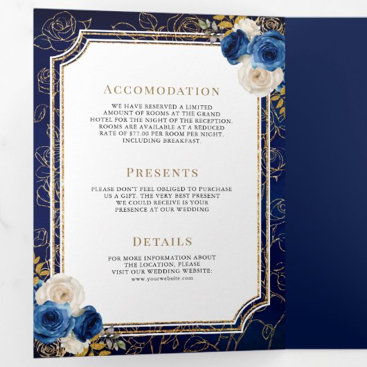 1つ王室のの頂点に青い金ゴールドフローラを結婚揃え 三つ折り招待状 (内部最初)