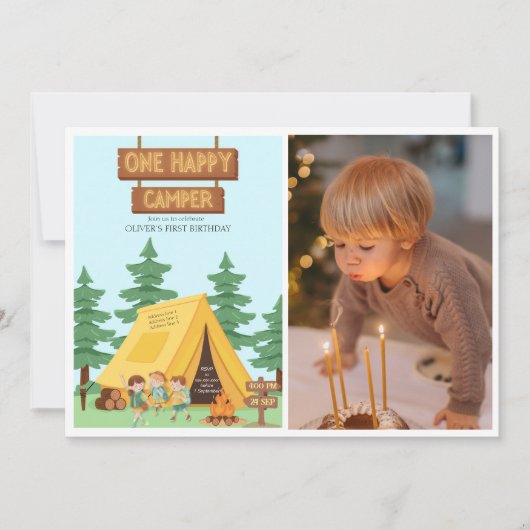1つ素朴の幸せなキャンパー写真の最初の誕生日 招待状 (正面)