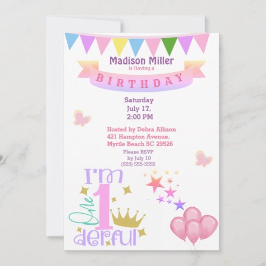 1とガーリー素晴らしい誕生日パーティー 招待状 (正面)