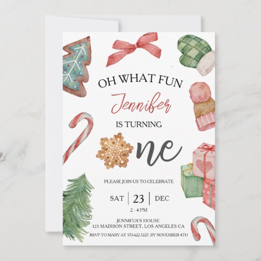 1を回している |冬のクリスマス1回目の誕生日 招待状 (正面)