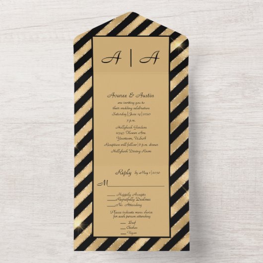 1エレガントの金ゴールドで上品な黒と黒結婚の オールインワン招待状 (内側)