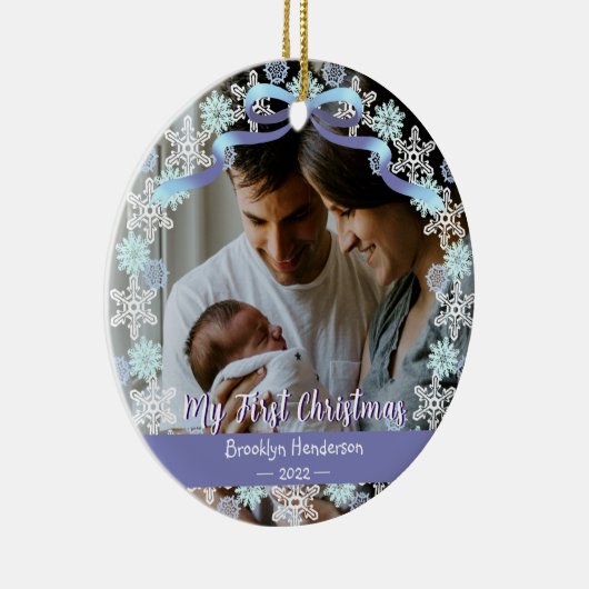 1クリスマス新生児写真名ライトブルーパープルコーン セラミックオーナメント (右)