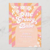 1グルービーバーベピンクデイジーレトロ1st誕生日 招待状 (正面/裏面)
