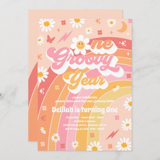 1グルーヴィー1年ピースラブパーティーレインボー誕生日 招待状 (正面/裏面)