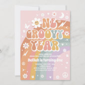 1グルーヴィー1年ピースラブパーティーレインボー誕生日 招待状 (正面)