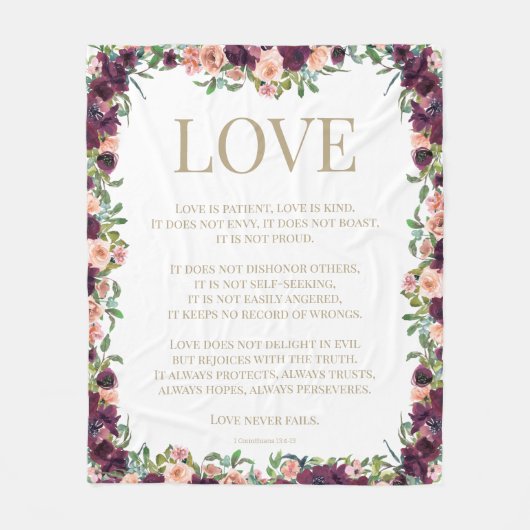 1コリント13ラブバイブル聖句ブルゴーニュフローラ フリースブランケット (正面)