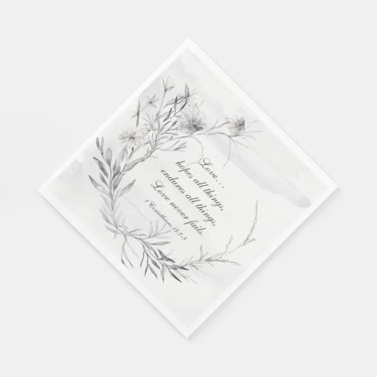 1コリント13:13グレーエレガントフローラ水色 スタンダードランチョンナプキン (角)