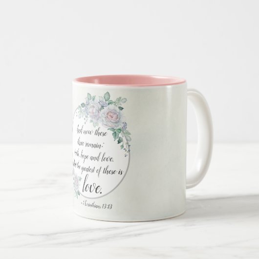 1コリント13:13信仰の希望の愛、聖書の聖句 ツートーンマグカップ (正面右)