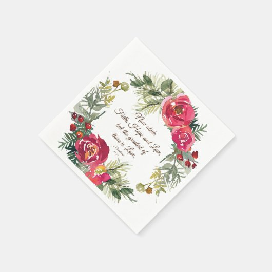 1コリント13:13赤いバラのクリスマスリース スタンダードカクテルナプキン (角)