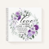 1コリント13:4愛は患者バイオレットフローラ ノートブック (正面)