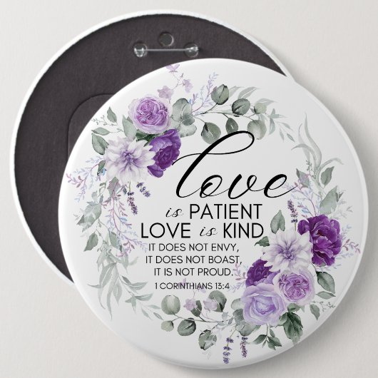 1コリント13:4愛は患者バイオレットフローラ 缶バッジ (正面&裏面)