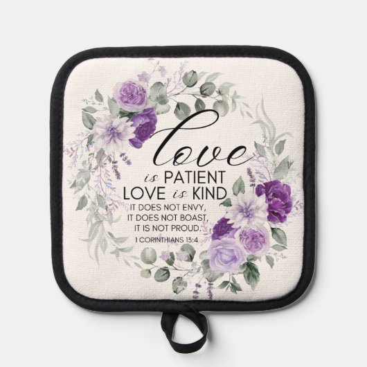 1コリント13:4愛は患者バイオレットフローラ 鍋敷き (正面)