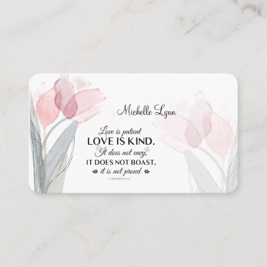 1コリント13:4愛は患者ピンクのチューリップバス 名刺 (正面)
