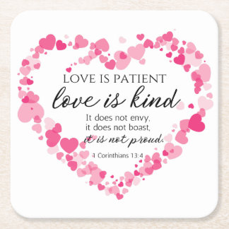 1コリント13:4愛は患者ピンクのハート スクエアペーパーコースター