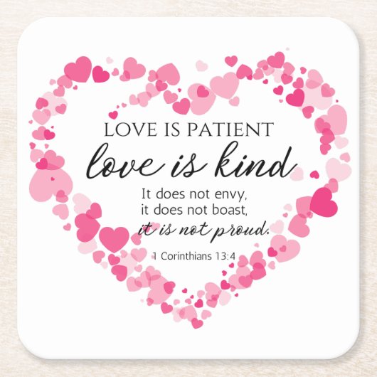 1コリント13:4愛は患者ピンクのハート スクエアペーパーコースター (正面)
