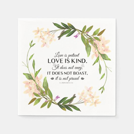 1コリント13:4愛は患者ピンクフローラ スタンダードカクテルナプキン (正面)