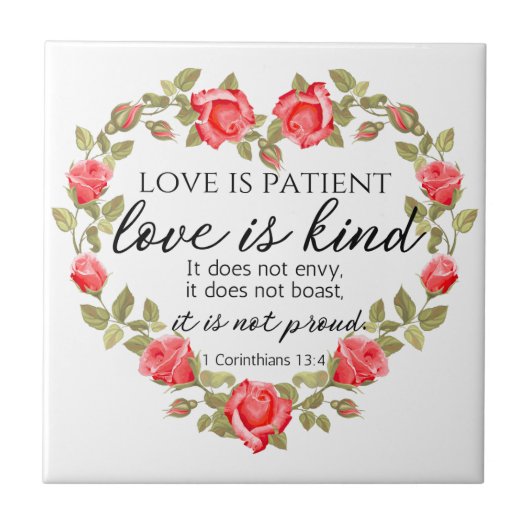 1コリント13:4愛は患者フローラハート タイル (正面)