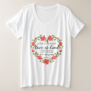 1コリント13:4愛は患者フローラハート プラスサイズTシャツ