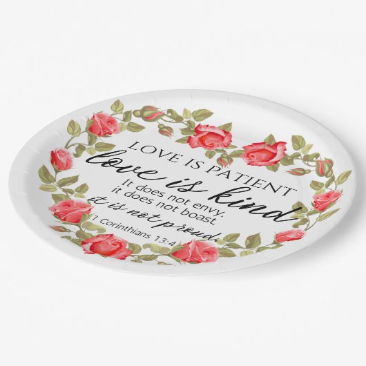 1コリント13:4愛は患者フローラハート ペーパープレート (アングル)