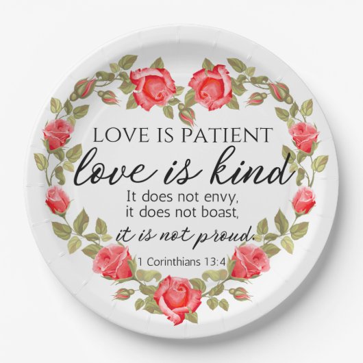 1コリント13:4愛は患者フローラハート ペーパープレート (正面)