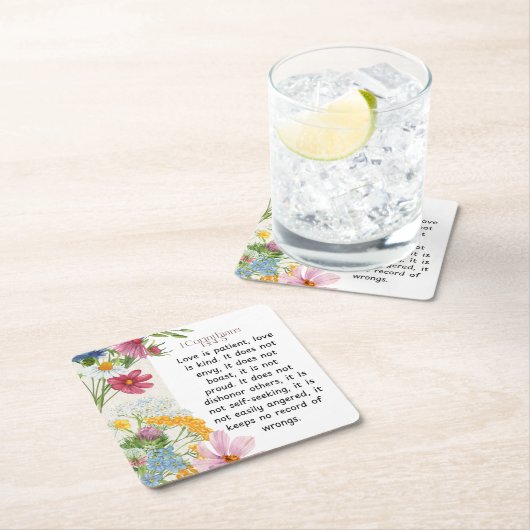 1コリント13:4-5なだめるような水彩デザイン スクエアペーパーコースター (インサイチュ)