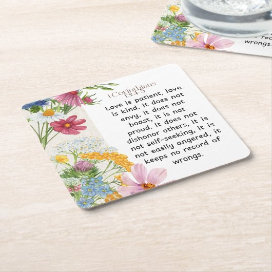 1コリント13:4-5なだめるような水彩デザイン スクエアペーパーコースター (アングル)