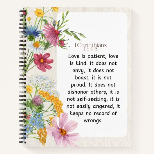 1コリント13:4-5なだめるような水彩デザイン ノートブック (正面)
