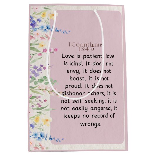 1コリント13:4-5聖書の詩のイメージ ミディアムペーパーバッグ (正面)