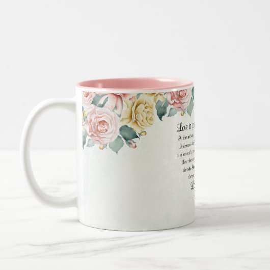 1コリント13:4-8愛は忍耐強く、愛は親切である ツートーンマグカップ (左)