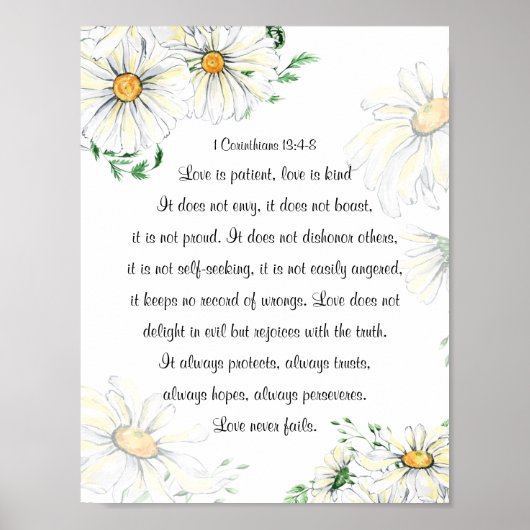 1コリント13:4-8愛は患者の白いデイジー ポスター (正面)