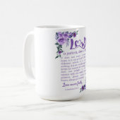 1コリント13:4-8愛は患者パープルフローラ コーヒーマグカップ (正面左)