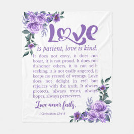 1コリント13:4-8愛は患者パープルフローラ フリースブランケット