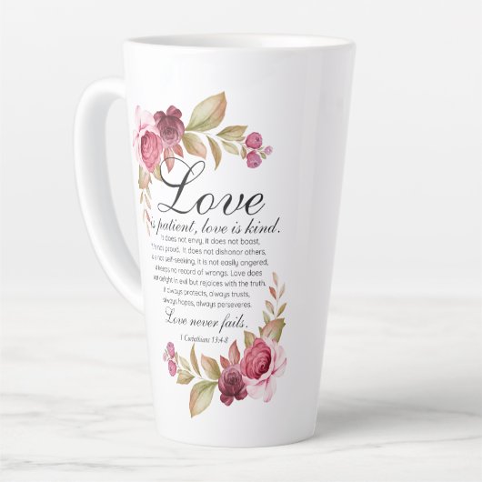 1コリント13:4-8愛は患者フローラ聖書 カフェラテマグ (左アングル)