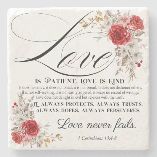 1コリント13:4-8愛は我慢強い聖書のフローラ ストーンコースター (正面)