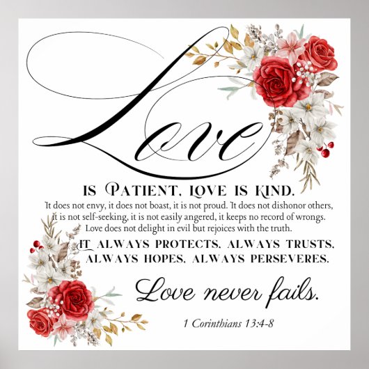 1コリント13:4-8愛は我慢強い聖書のフローラ ポスター (正面)