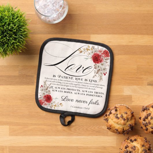 1コリント13:4-8愛は我慢強い聖書のフローラ 鍋敷き (トップダウン)