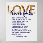 1コリント13:4-8聖書の聖句、金ゴールド、ダークブルー ポスター (正面)