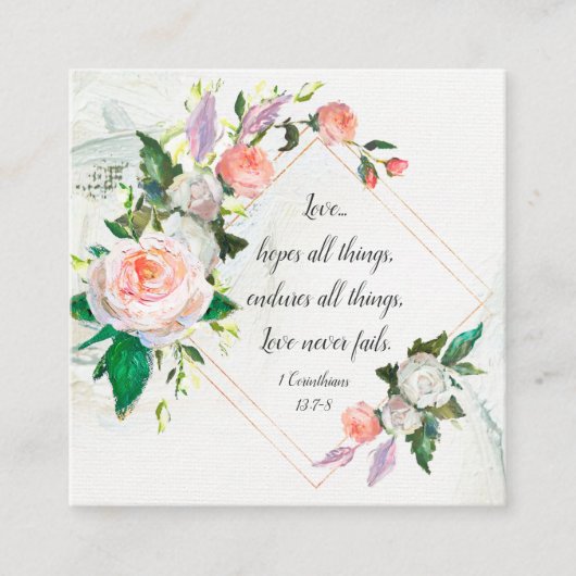 1コリント13:7-8愛は決して失敗しないバラ スクエア名刺 (正面)