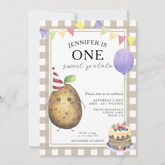 1サツマイモ男女兼用ファースト誕生日 招待状 (正面)