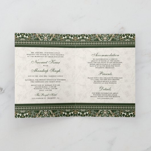 1シーク教徒のダークグリーンのクロス結婚ステッチ 招待状 (内部)